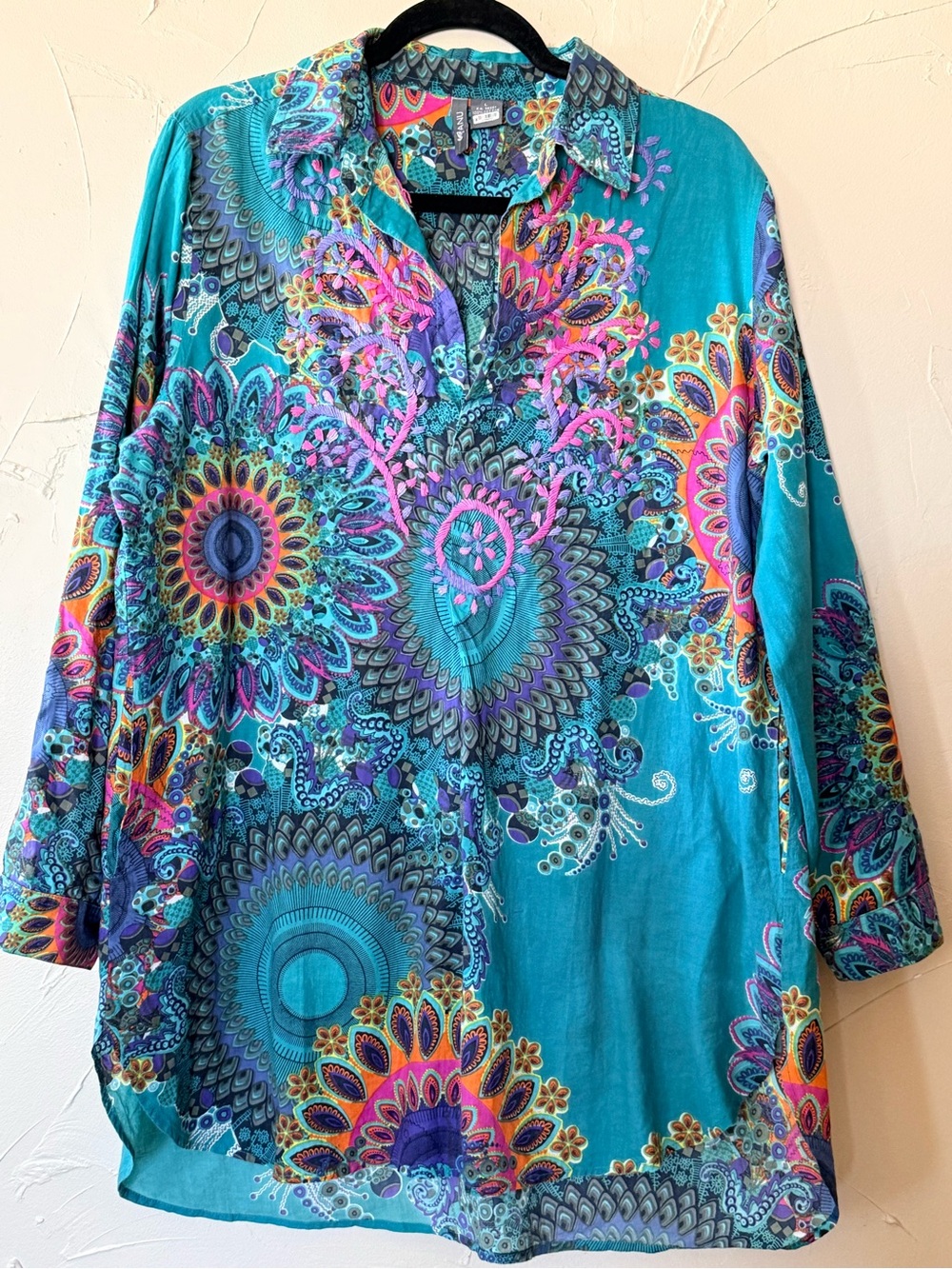 ANU by Natural Vibrant Turquoise embroidered Boho tunic top with pockets
